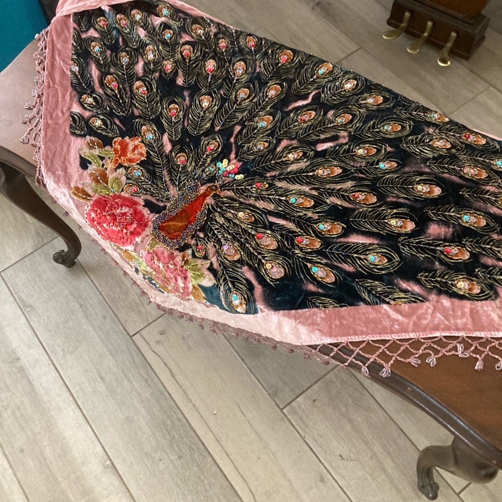 Kirks Folly Pink and Black Scarf with Peacock Design